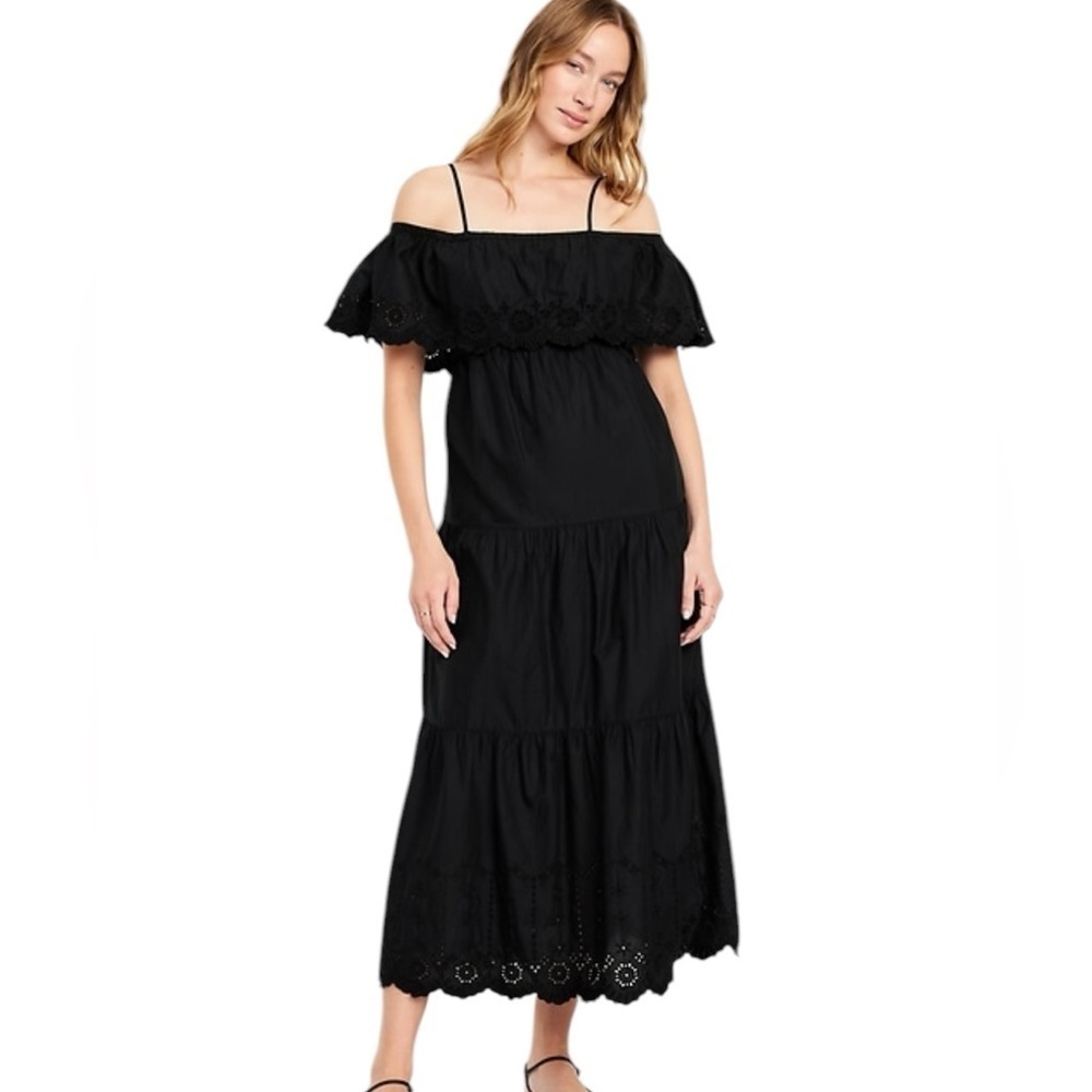 Old Navy Black Off-Shoulder Eyelet Maxi Dress